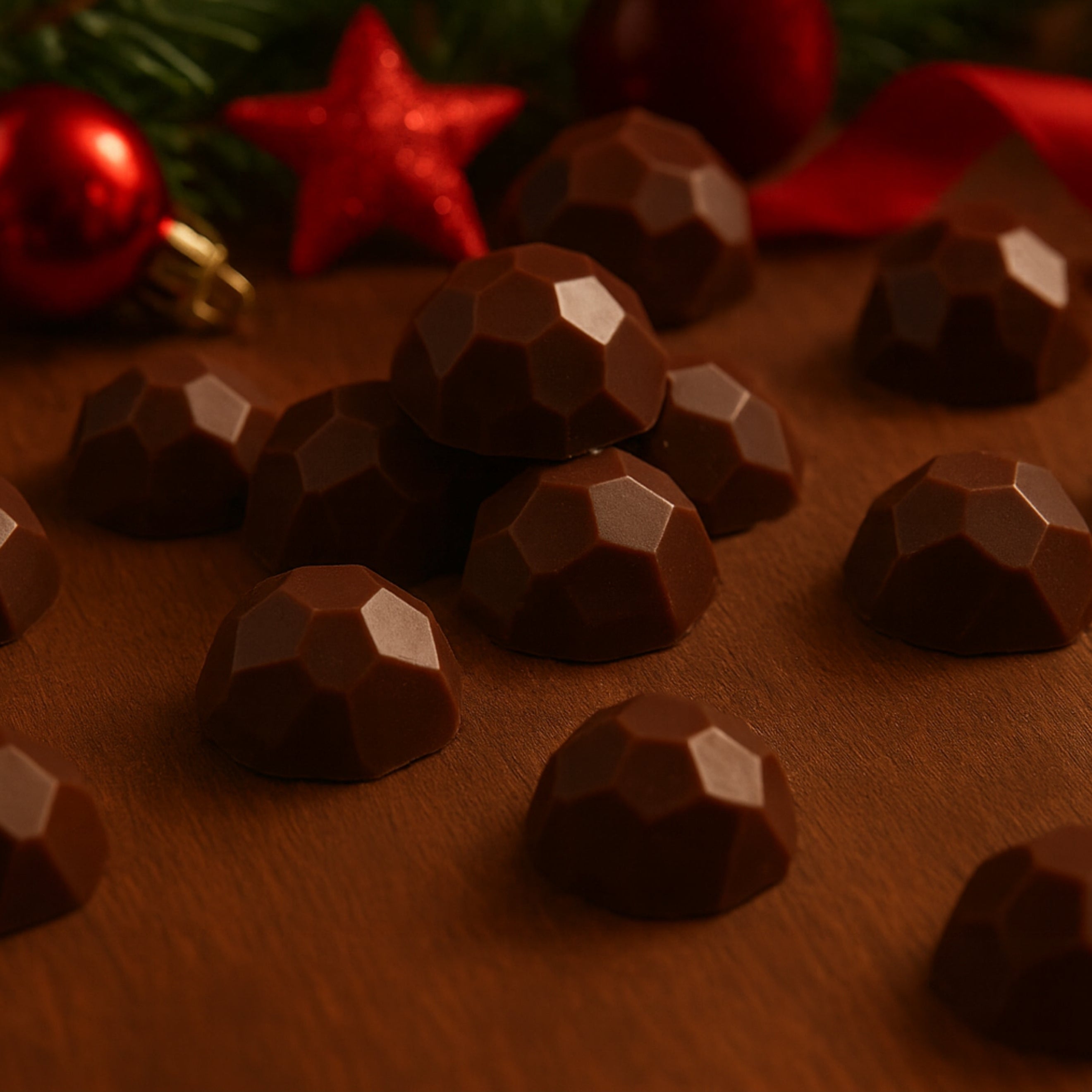 Chocolate truffles on a wooden surface with Christmas decorations in the background